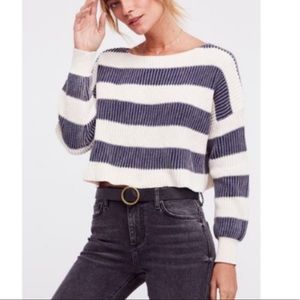 Free People Just My Stripe Blue White Cropped Sweater